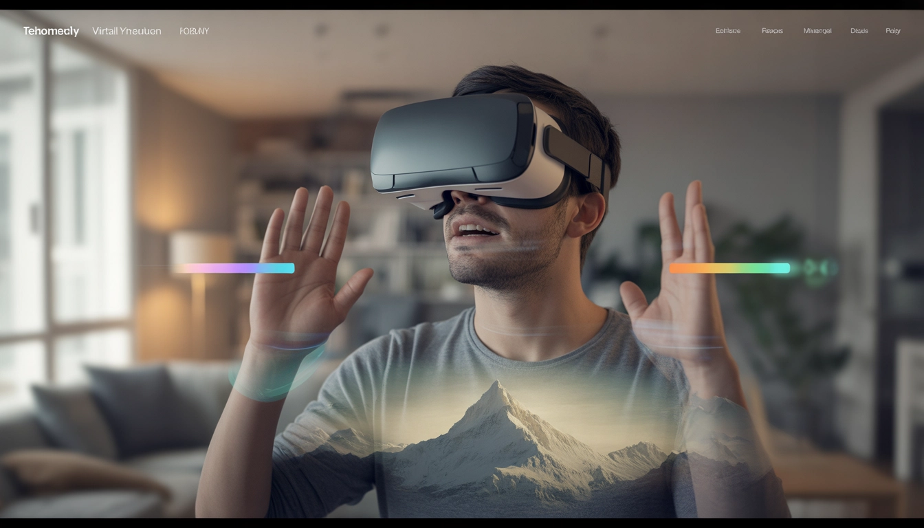 Esimene VR-kogemus. Inimene kogeb esimest korda VR-i kodus, taustal viide mäe tipu vaatele, mis illustreerib immersiooni mõju.