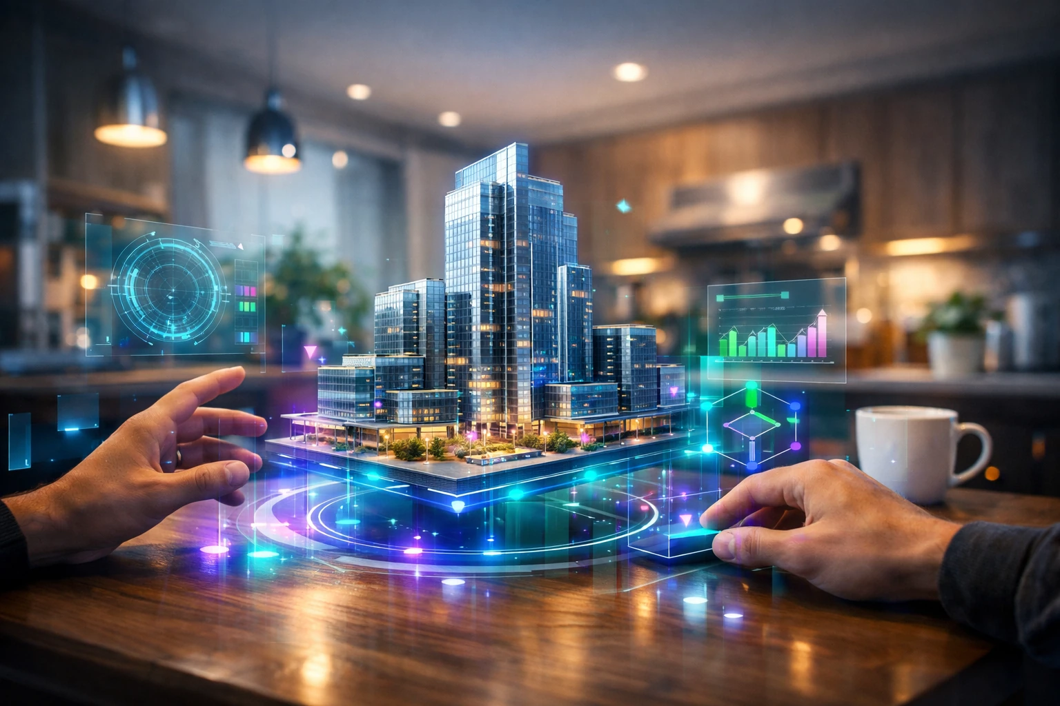 Liitreaalsus – virtuaalsed objektid pärismaailmas. Inimene kasutab AR-tehnoloogiat kodus ehitusprojekti planeerimiseks, virtuaalne hoone kuvatakse reaalse köögilaua peale.