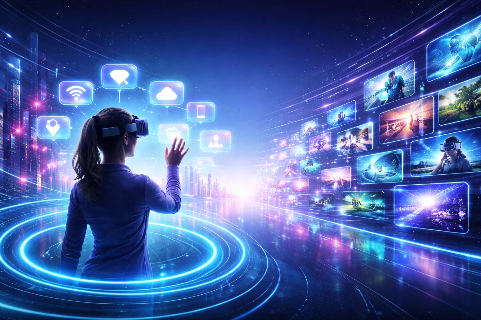 Naine VR-prillides sirutab käe holograafiliste digitaalsete ekraanide poole – virtuaalreaalsuse blogi Eestis 2026