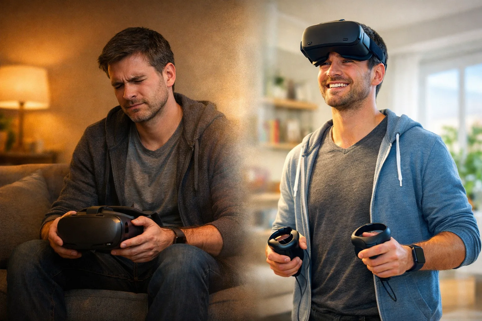 VR iiveldus enne ja pärast – vasakul ebamugav inimene VR-prillid süles, paremal sama inimene enesekindlalt VR-prille kandes, iiveldusest ülesaamine.