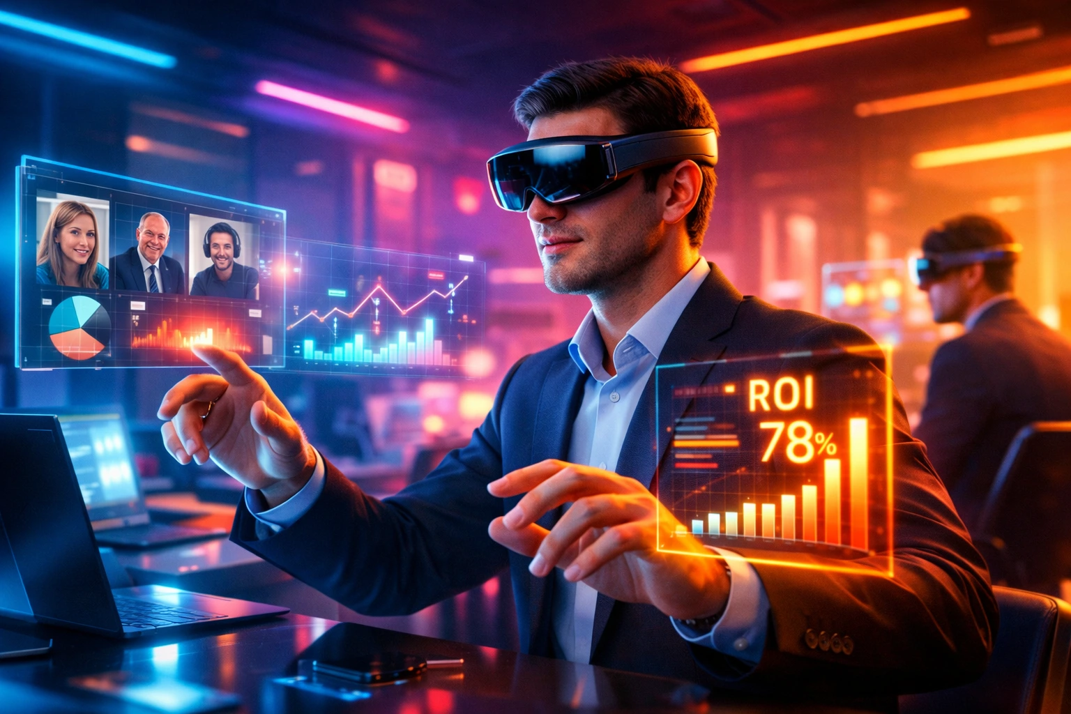 VR ärikasutus – koolitus, koosolekud, disain. VR äris – professionaal kasutab ülikerge MR-prille holograafiliste andmete 
          ja virtuaalkoosolekuga futuristlikus kontoris, neonvalgustus cyan, magenta ja oranž.