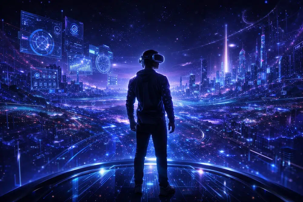 VR tuleviku visioon 2026-2030. Tuleviku virtuaalreaalsus 2030 – inimene VR-prillides holograafilises digitaalses maailmas, hõljuvad virtuaalsed liidesed ja neonvalgusega kübermaailm