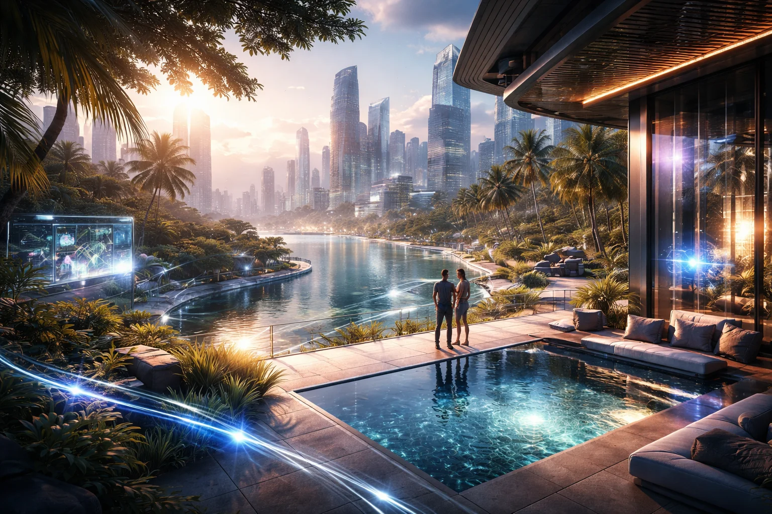 Fotorealistlik VR-virtuaalkeskkond 2030. aastal – immersiivne digitaalne maailm, mis on loodud järgmise põlvkonna XR-tehnoloogia jaoks.