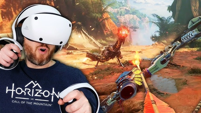Horizon Call of the Mountain PSVR2-l. Sony Playstation VR2 virtuaalprillidega saab mängida seiklusmängu.
