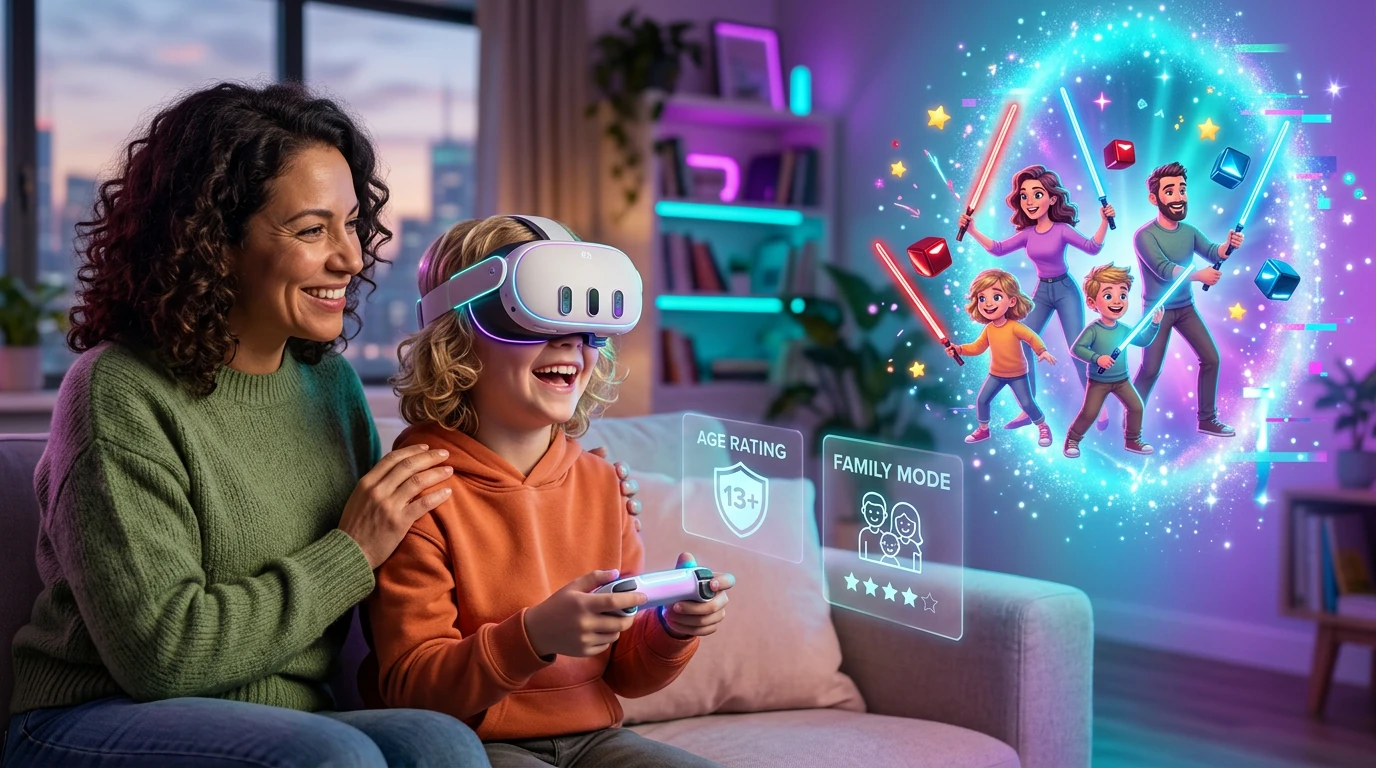 Perekond mängib VR-mänge koos. Ema selgitab lapsele, kuidas virtuaalprillidega mängida VR_mänge.
