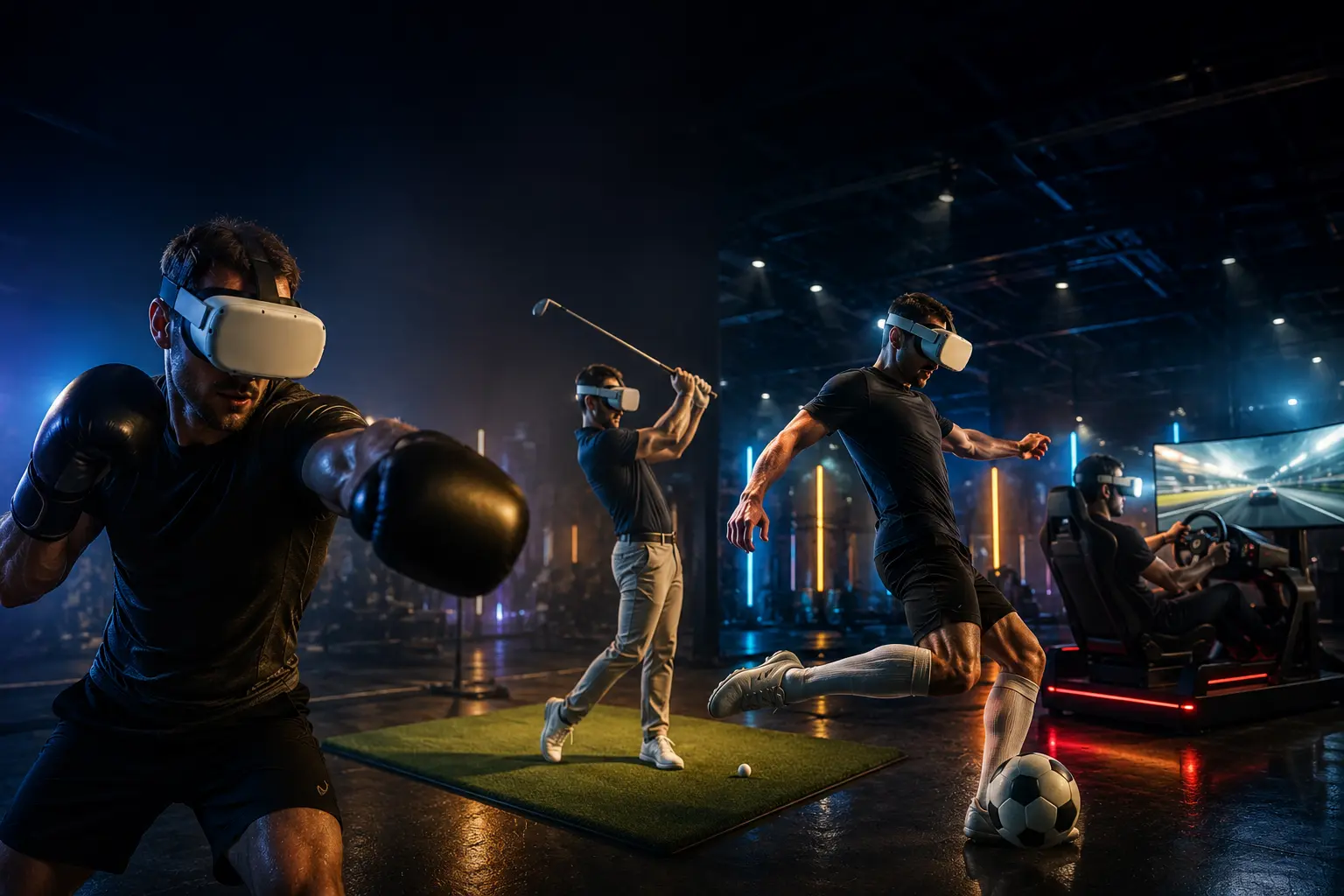 VR spordimängud meestele — poks, golf, jalgpall ja motorsport virtuaalreaalsuses. Mehed mängivad virtuaalreaalsuses sportmänge.