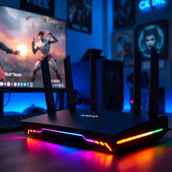 KATO gaming ruuter RGB valgustusega mänguri lauaarvuti kõrval – madala latentsusega WiFi ühendus PSVR2 ja PCVR jaoks. Wi-Fi 6 gaming ruuter Air Link jaoks.