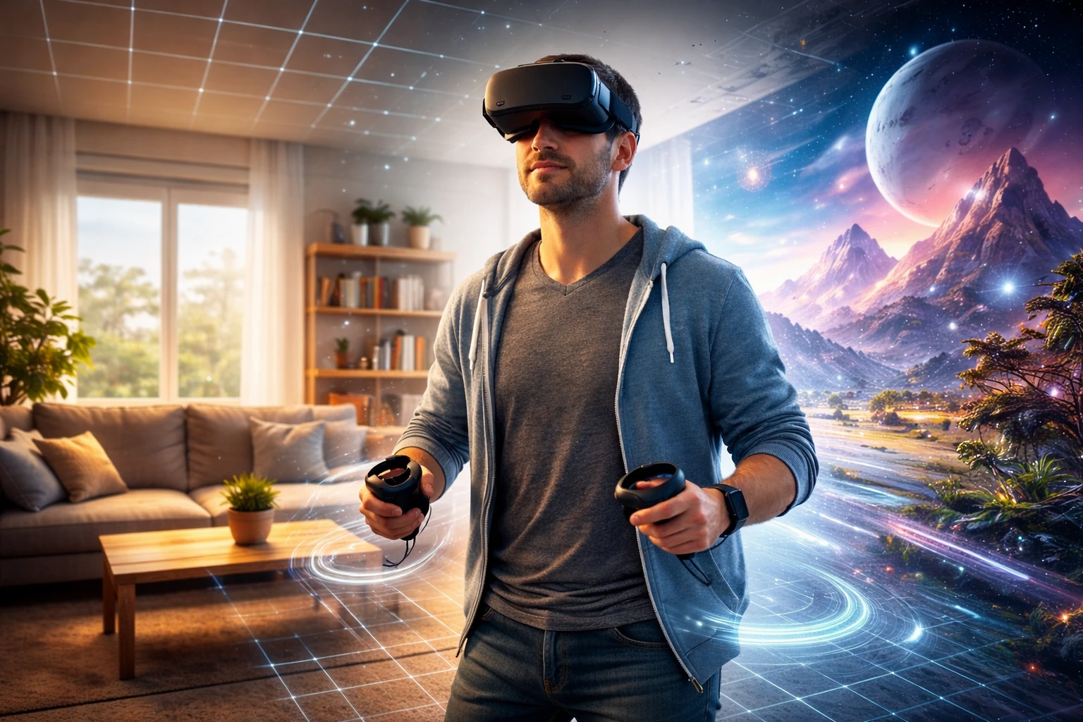 Inimene elutoas VR-prillidega, käes kontrollerid, ümber tema ruumi kaardistavad punktid ja gridid, osa elutoast muutub virtuaalseks maailmaks, visualiseerides 6DoF liikumist ja VR-trackingut.