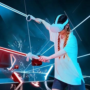 Meta Quest 2 kasutaja mängib Beat Saberit – standalone VR mängimine ilma PC-ta.