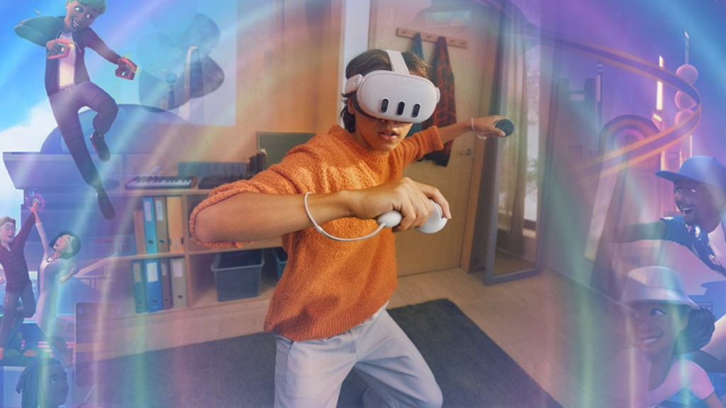 Inimene VR prillidega mängimas - Meta Quest 3 virtuaalprillid kasutuses.