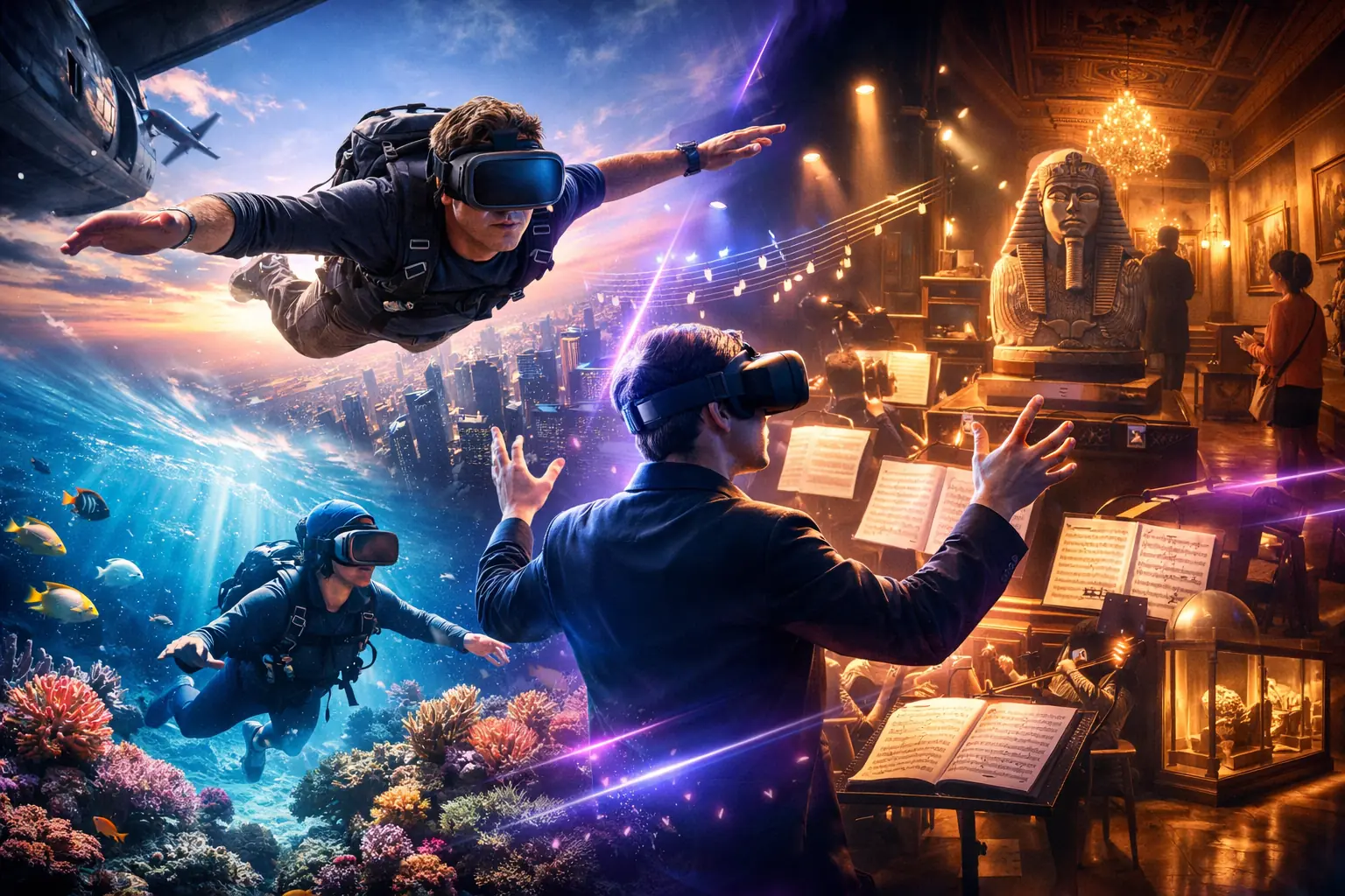 VR kogemused – langevarjuhüpe pilvelõhkujate kohal, sukeldumine korallrifi vahel, orkestri dirigeerimine ja muuseumituur virtuaalreaalsuses