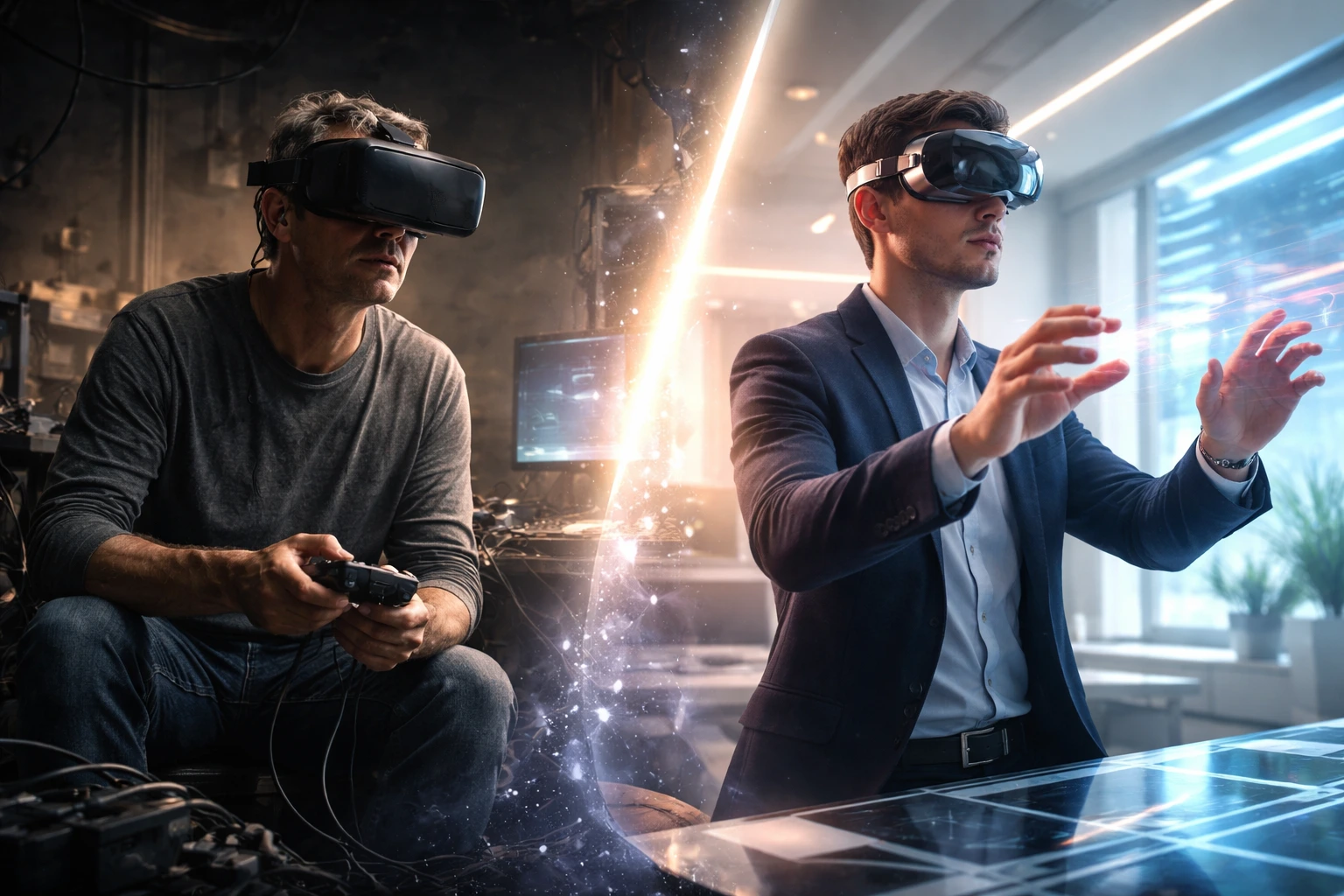 Kas VR on 2026 väärt ostmist? VR-tehnoloogia areng 2015–2026 – vasakul varane kogukas 
    VR-peakomplekt juhtmetega, paremal kaasaegne sleek standalone headset minimalistlikus ruumis, 
    neonvalguse peegeldusega