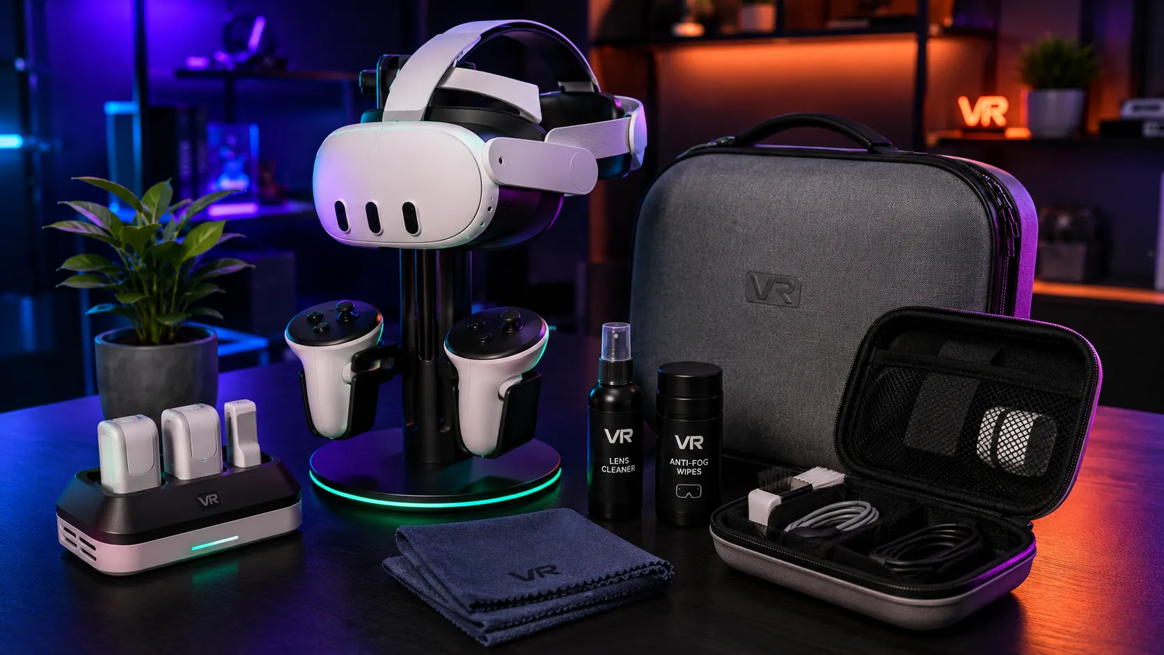 VR-prillide hoiustamise ja hoolduse tarvikud – laadimisdokk, VR-stend, travel case ja puhastuskomplektid modernses RGB-valgustusega keskkonnas